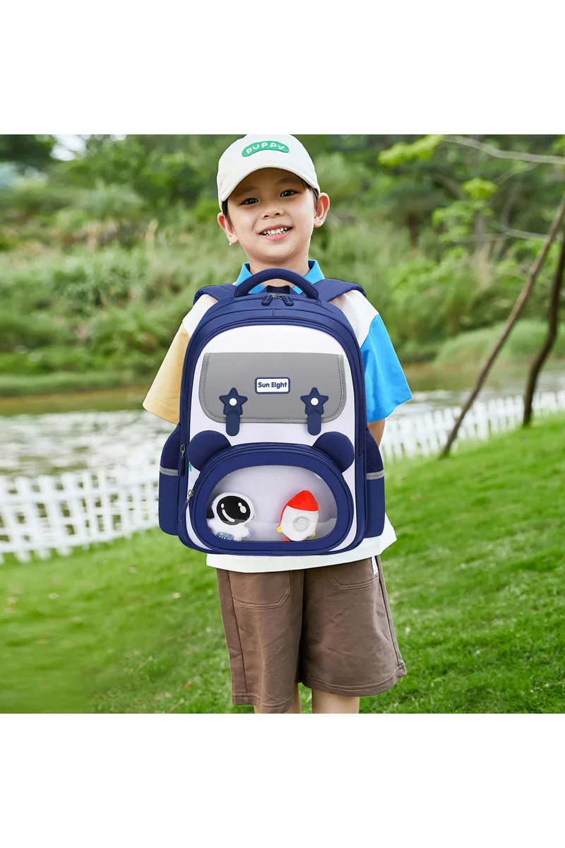 صن إيت SUN EIGHT 15.5-inch Light Weight School Backpack Water Resistant Polyester Kid’s Daypack for Boys, SE22260, BlueColorful and Stylish Design: Our kids School backpack is having a colorful and stylish design. Solid vibrant color combinations are highly and attractively designed for kids. The front side flap covered design and transparent small compartment easily accessible small items.